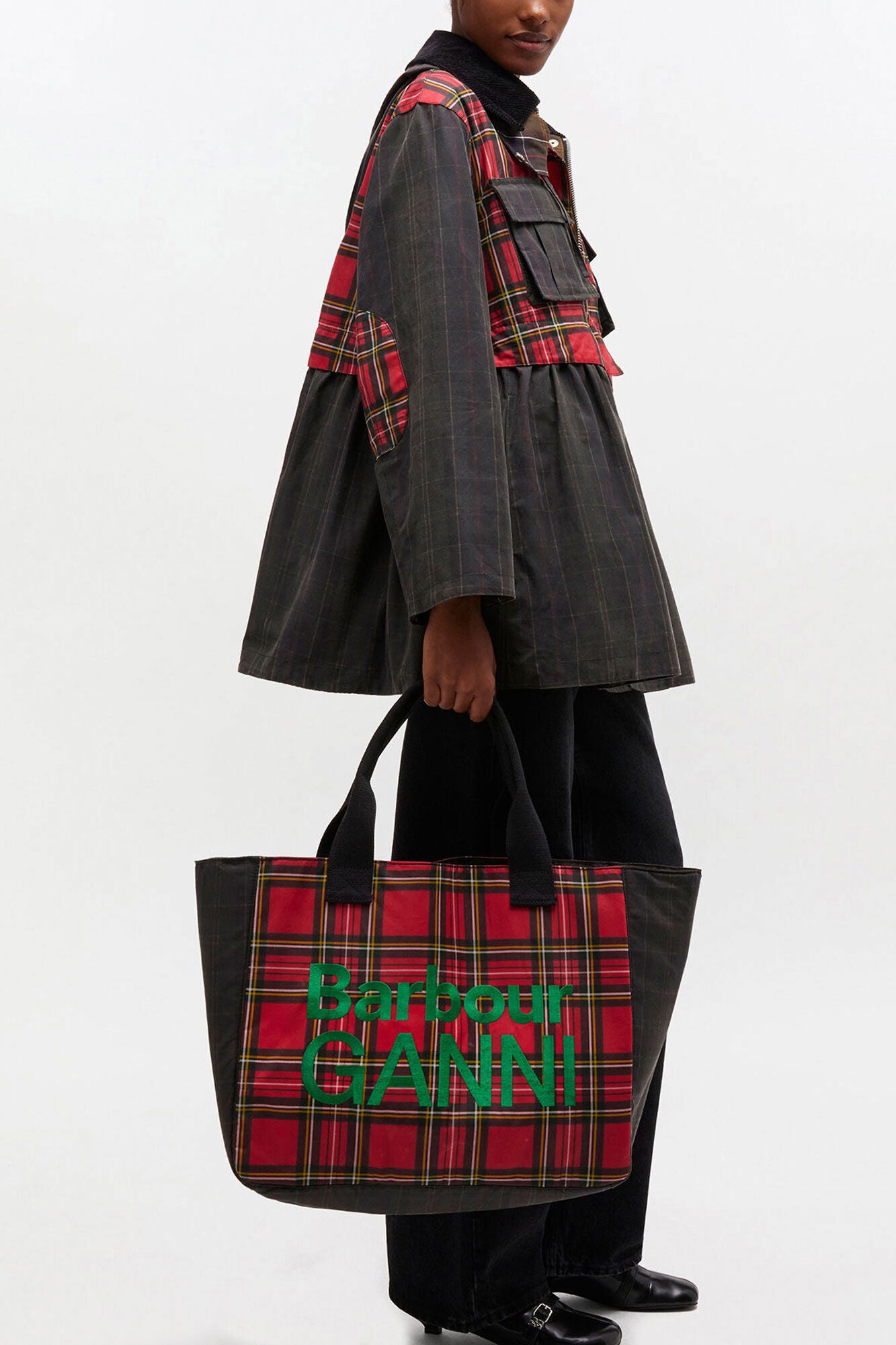 Dark Green Red Tartan Tote - GANNI