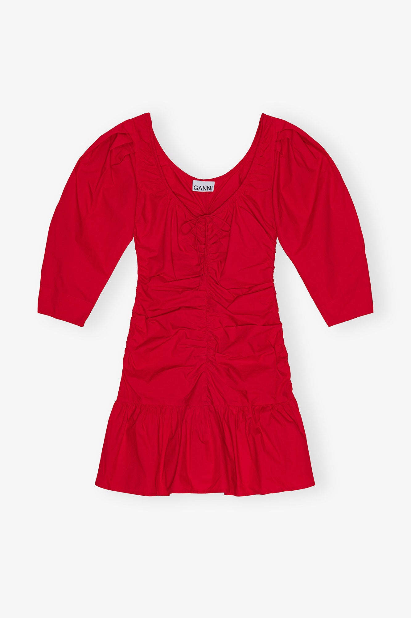 Red Cotton Poplin Gathered U-neck Mini Dress - GANNI