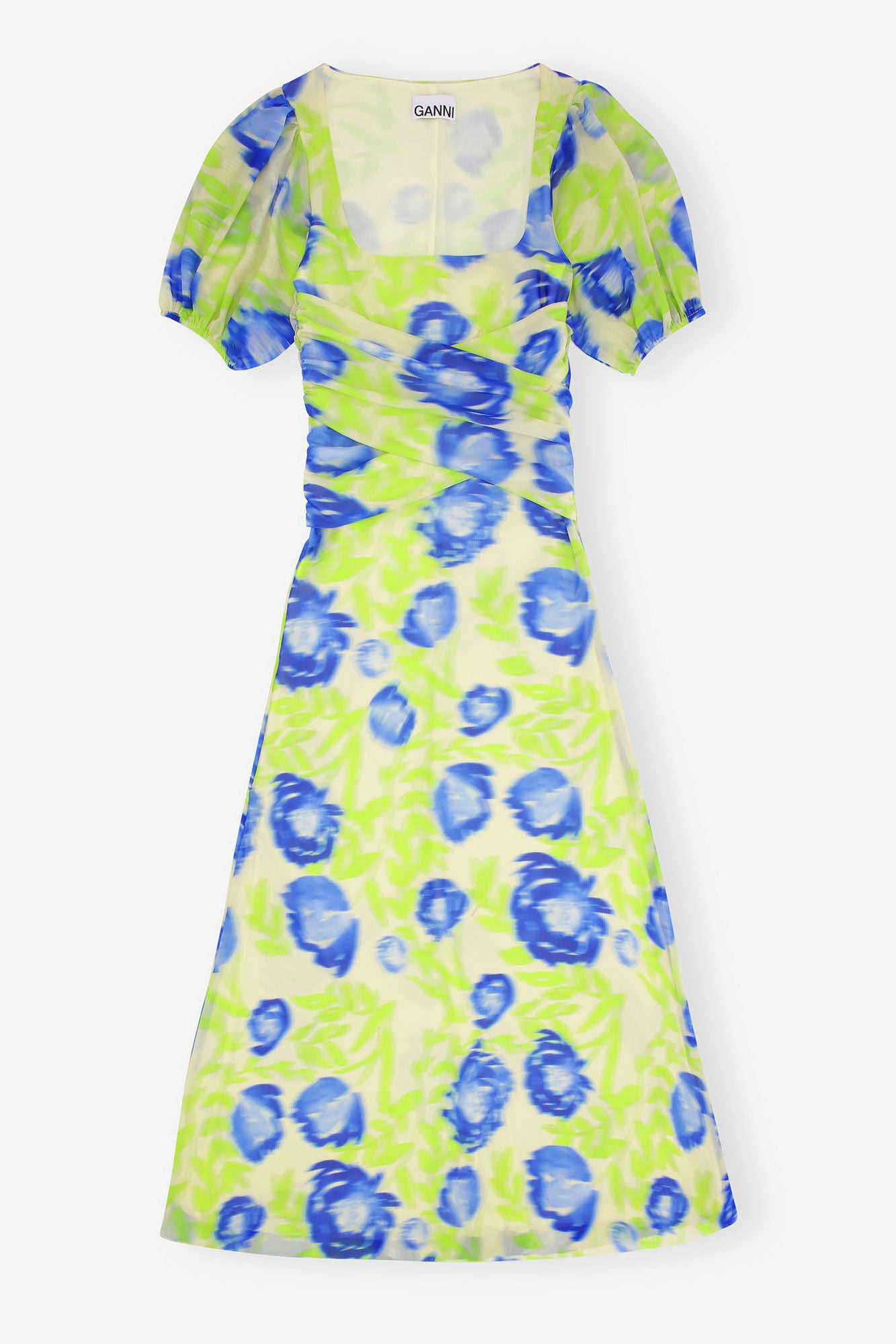 Printed Mesh Puff Sleeve Midi Dress - GANNI