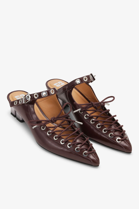 Lace-Up Mules in Brown Oleatex - GANNI