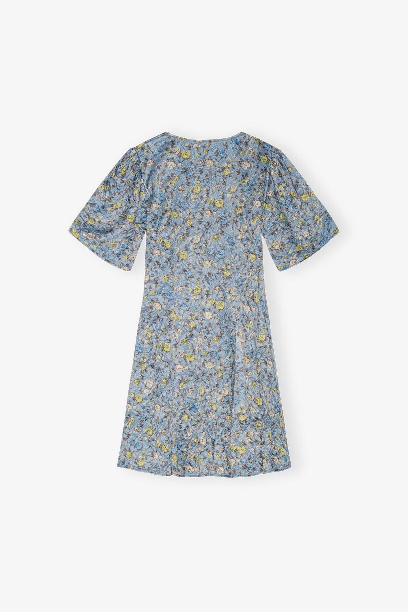 Blue Floral Printed Crinkled Satin Mini Wrap Dress - GANNI