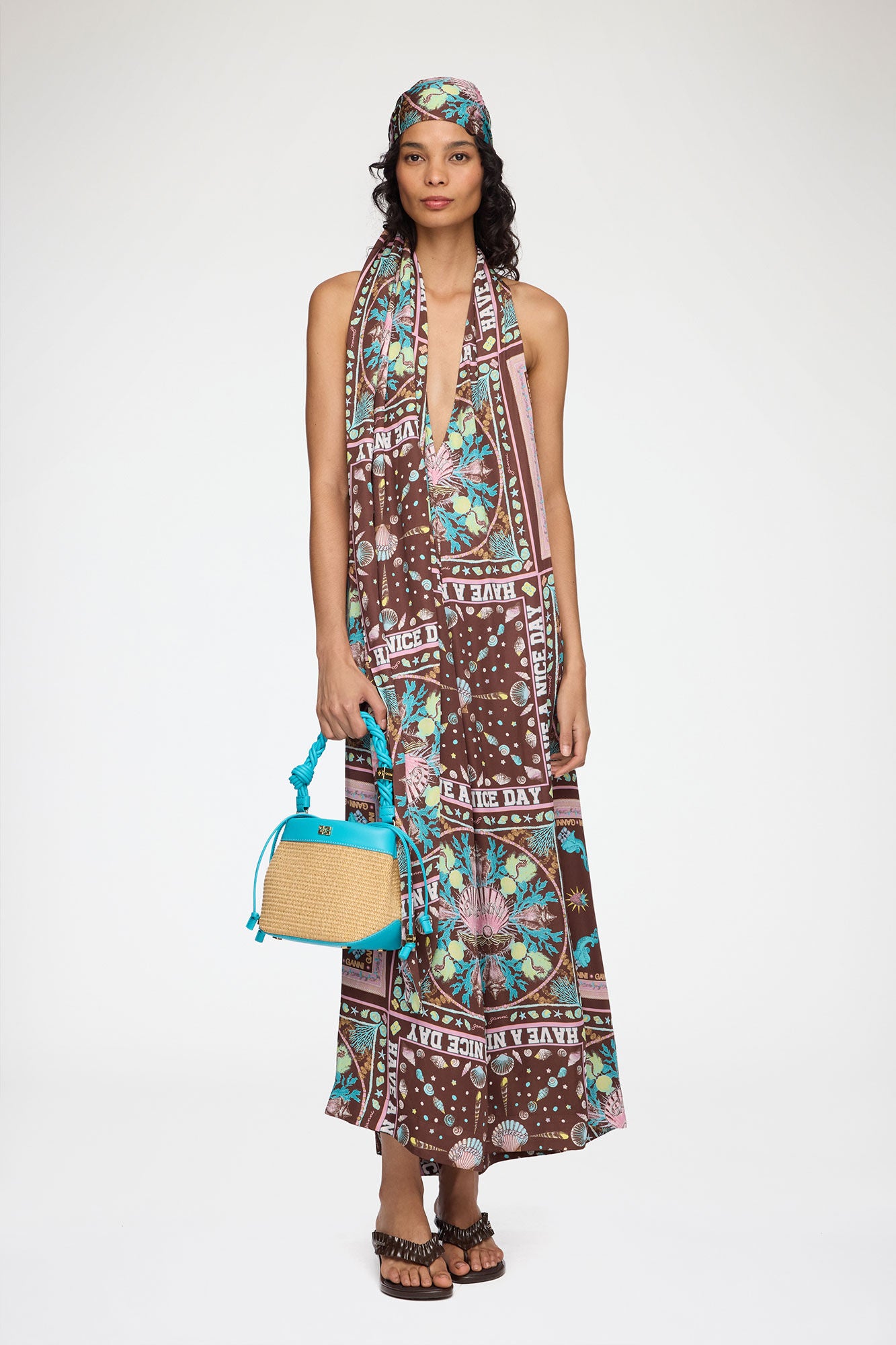 Scuba Blue Bou Bucket Bag in Raffia - GANNI