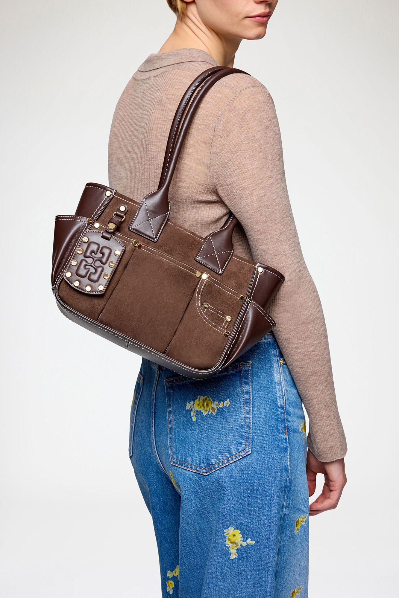 Chicory Coffee Small Posy Bag in Brown Suede - GANNI