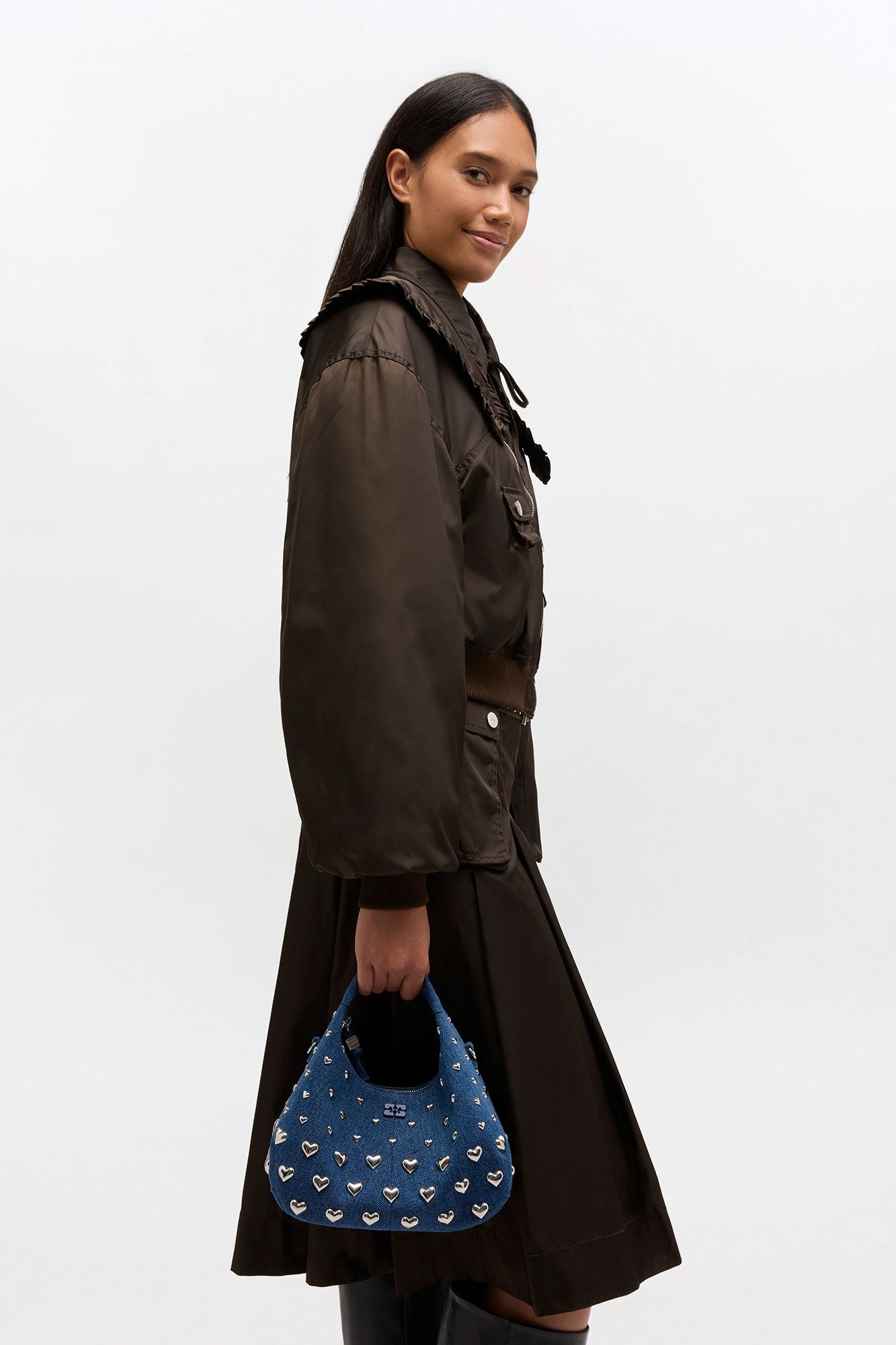 Navy Peony Denim Stud Mini Hobo Bag - GANNI
