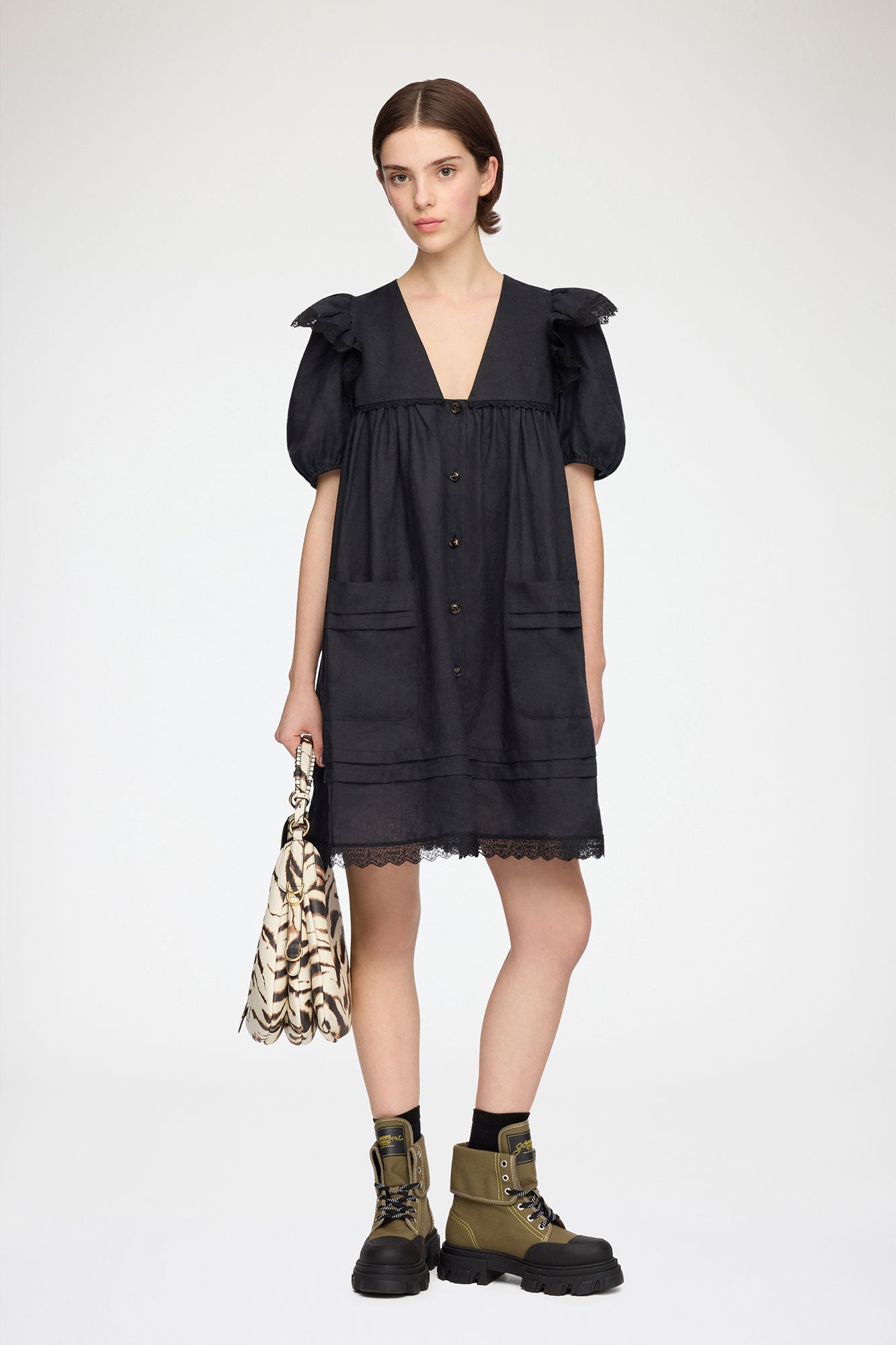 Mini Dress in Black Linen - GANNI