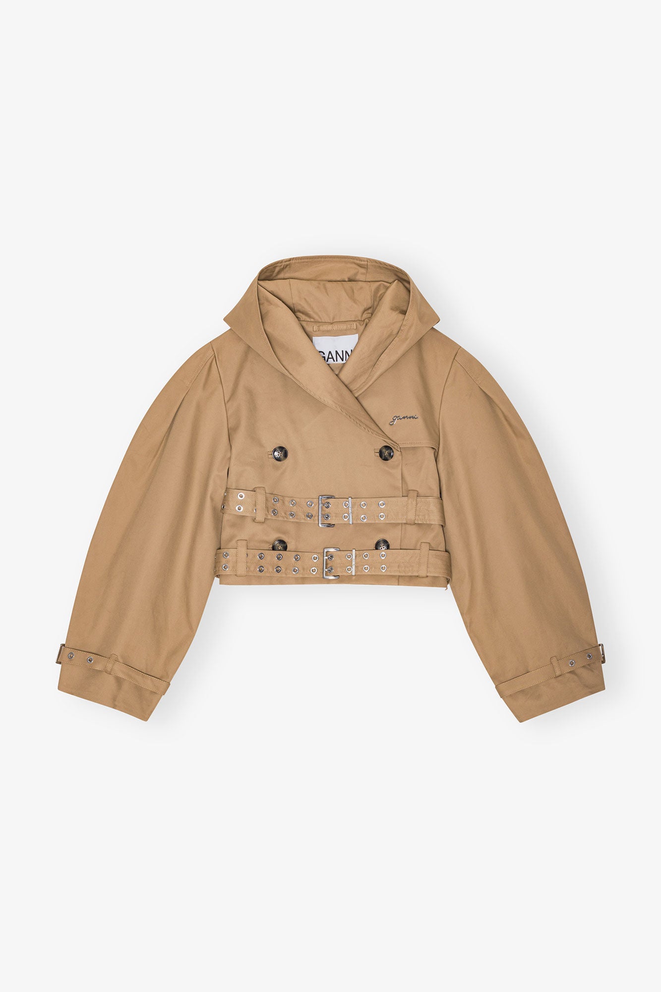 Camel Bonded Cotton Short Trench Jacket - GANNI