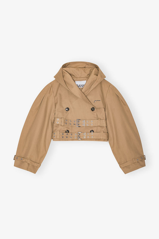 Camel Bonded Cotton Short Trench Jacket - GANNI