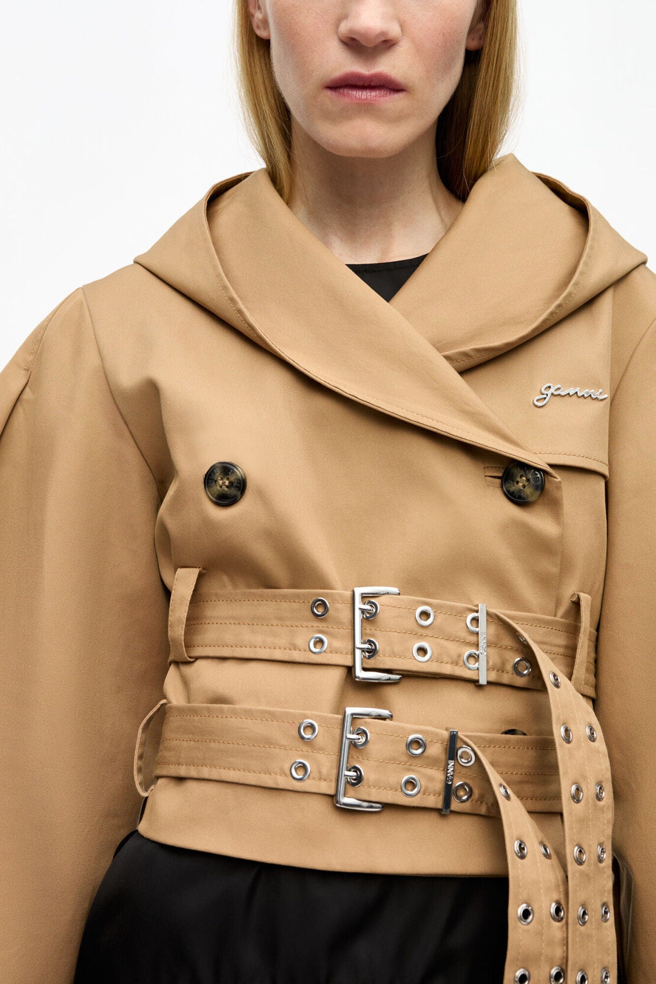 Camel Bonded Cotton Short Trench Jacket - GANNI