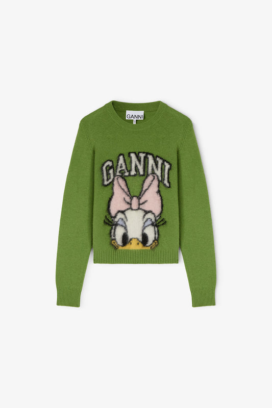 Daisy Duck Green Brushed Wool Sweater - GANNI