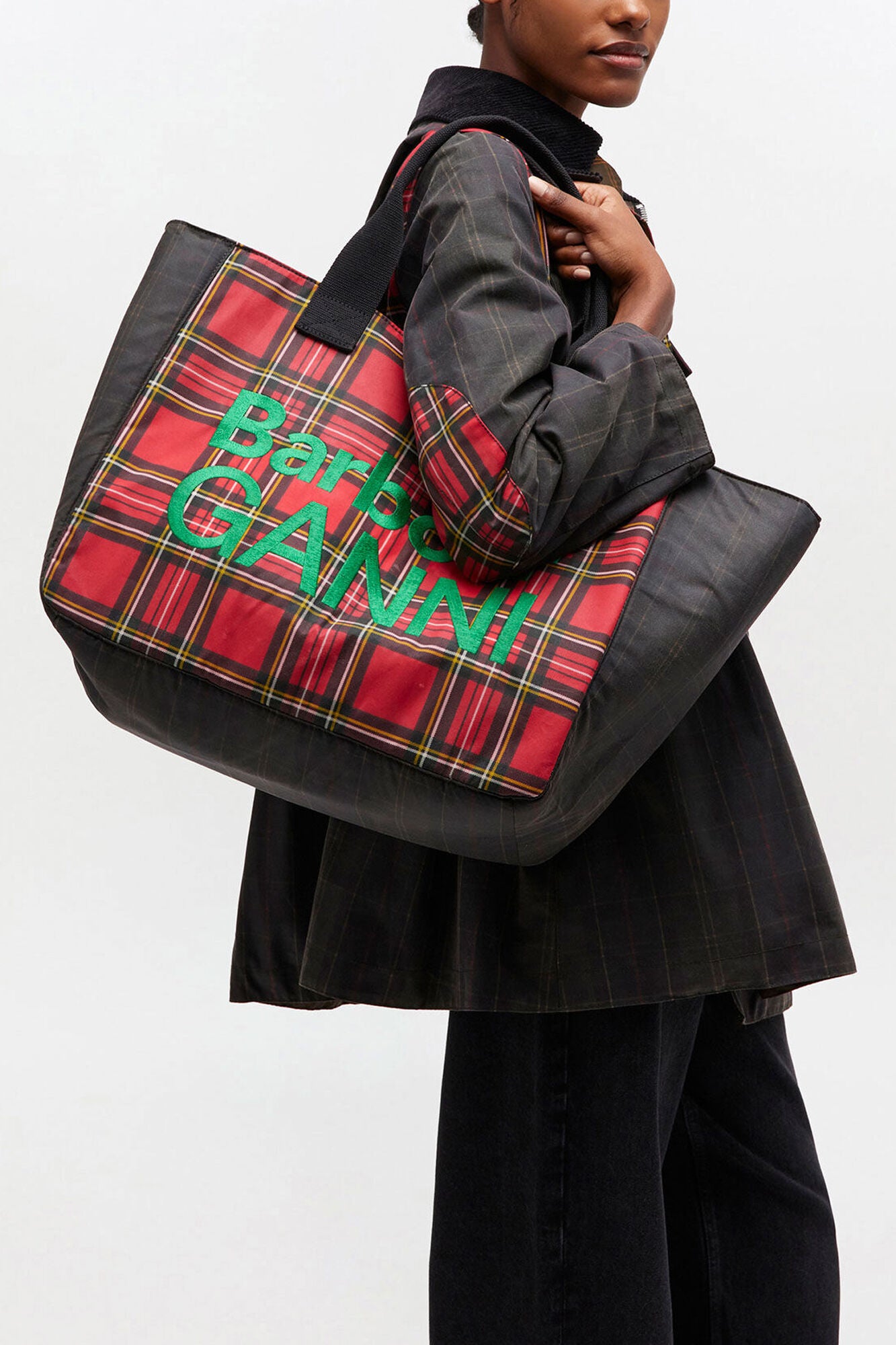 Dark Green Red Tartan Tote - GANNI