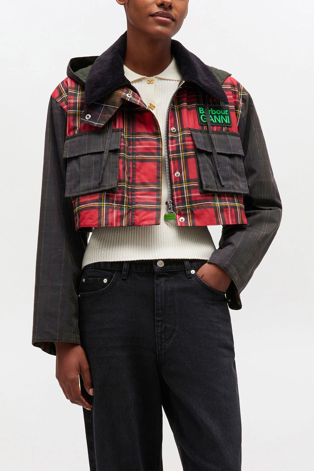 Peplum Wax Jacket in Tartan - GANNI