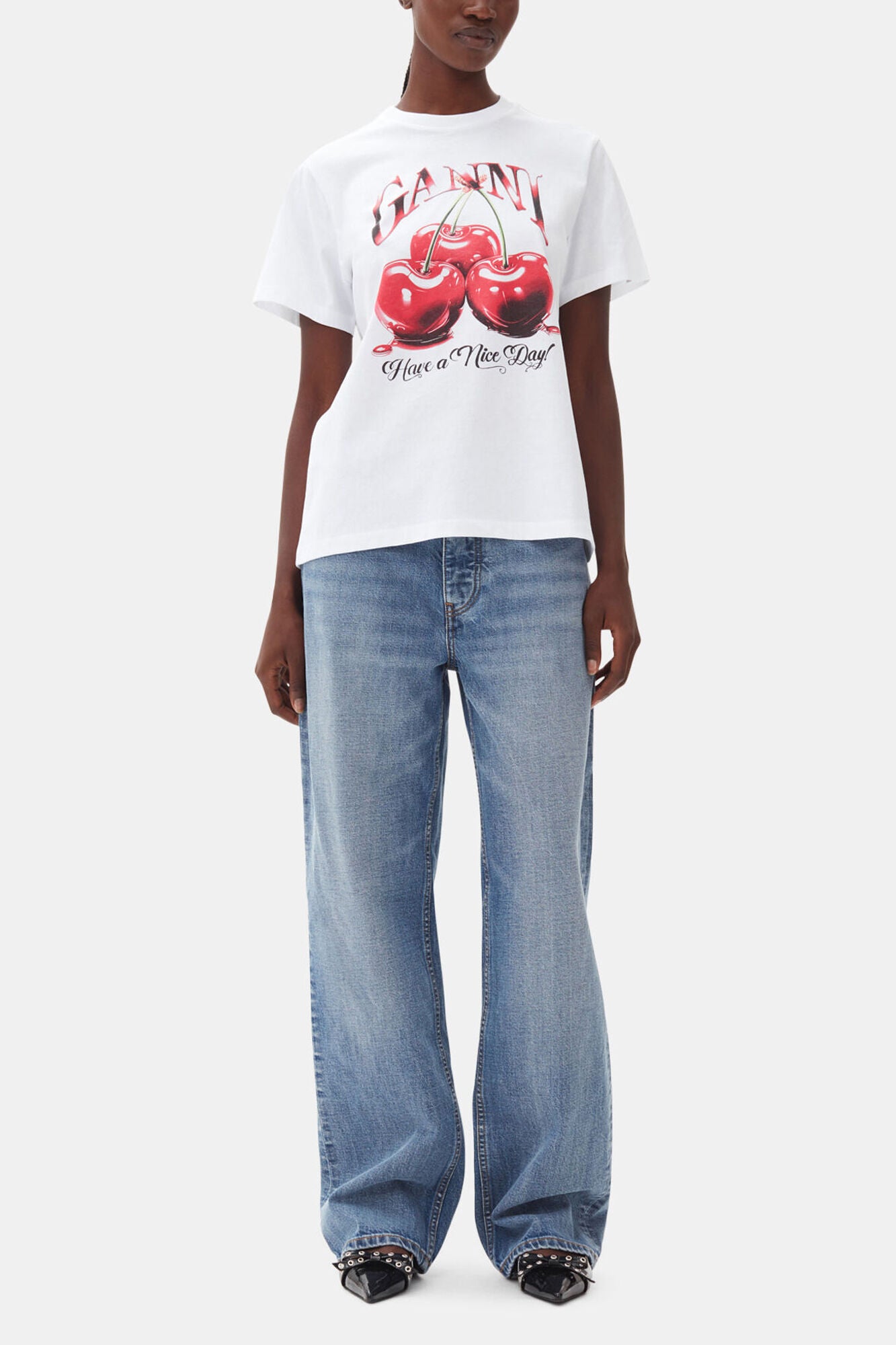 White Basic Jersey Cherry Relaxed T-shirt - GANNI