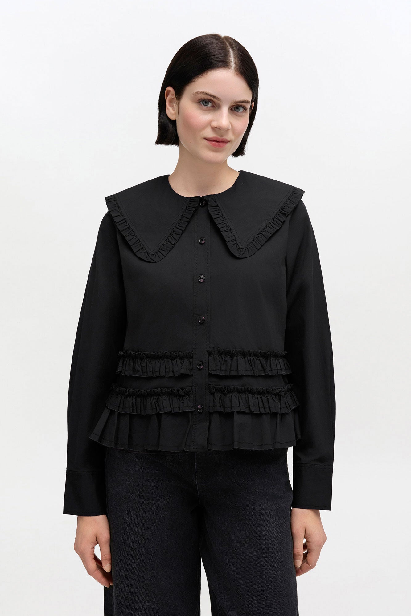 Stretch Cotton Ruffle Shirt - GANNI