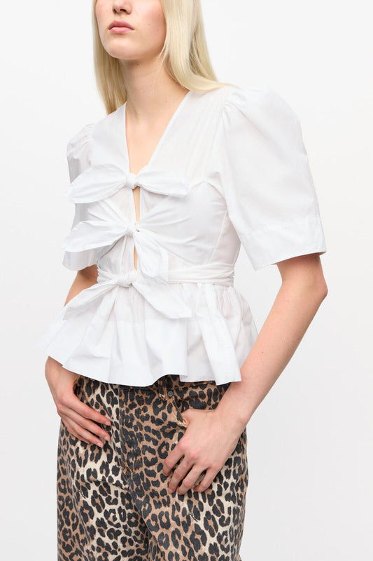 White Washed Stretch Cotton Tie Strap Blouse - GANNI