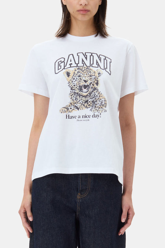 White Basic Jersey Leopard Relaxed T-shirt - GANNI