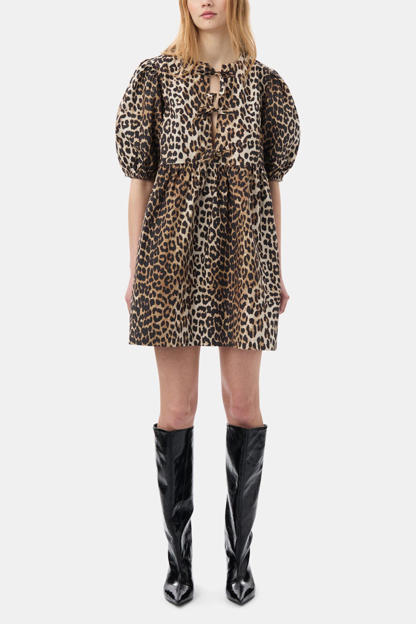 Leopard Printed Cotton Tie String Mini Dress - GANNI