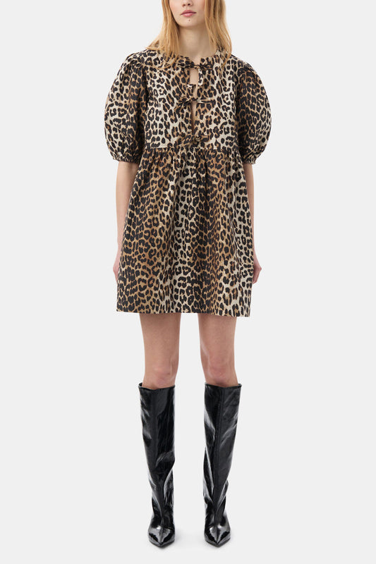 Leopard Printed Cotton Tie String Mini Dress - GANNI