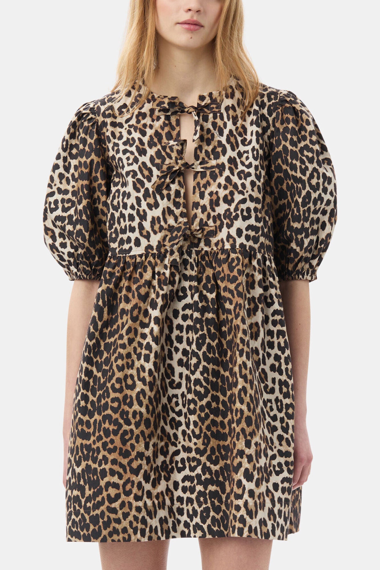 Leopard Printed Cotton Tie String Mini Dress - GANNI