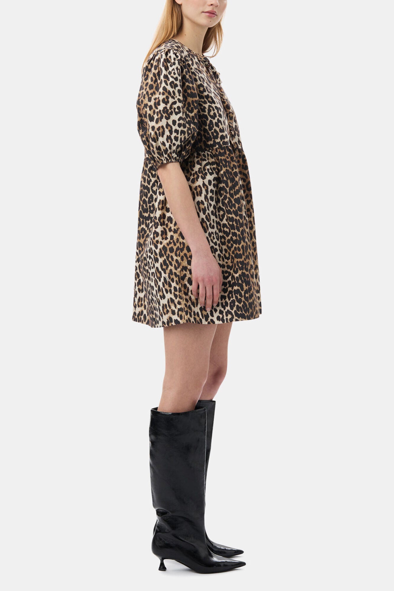 Leopard Printed Cotton Tie String Mini Dress - GANNI