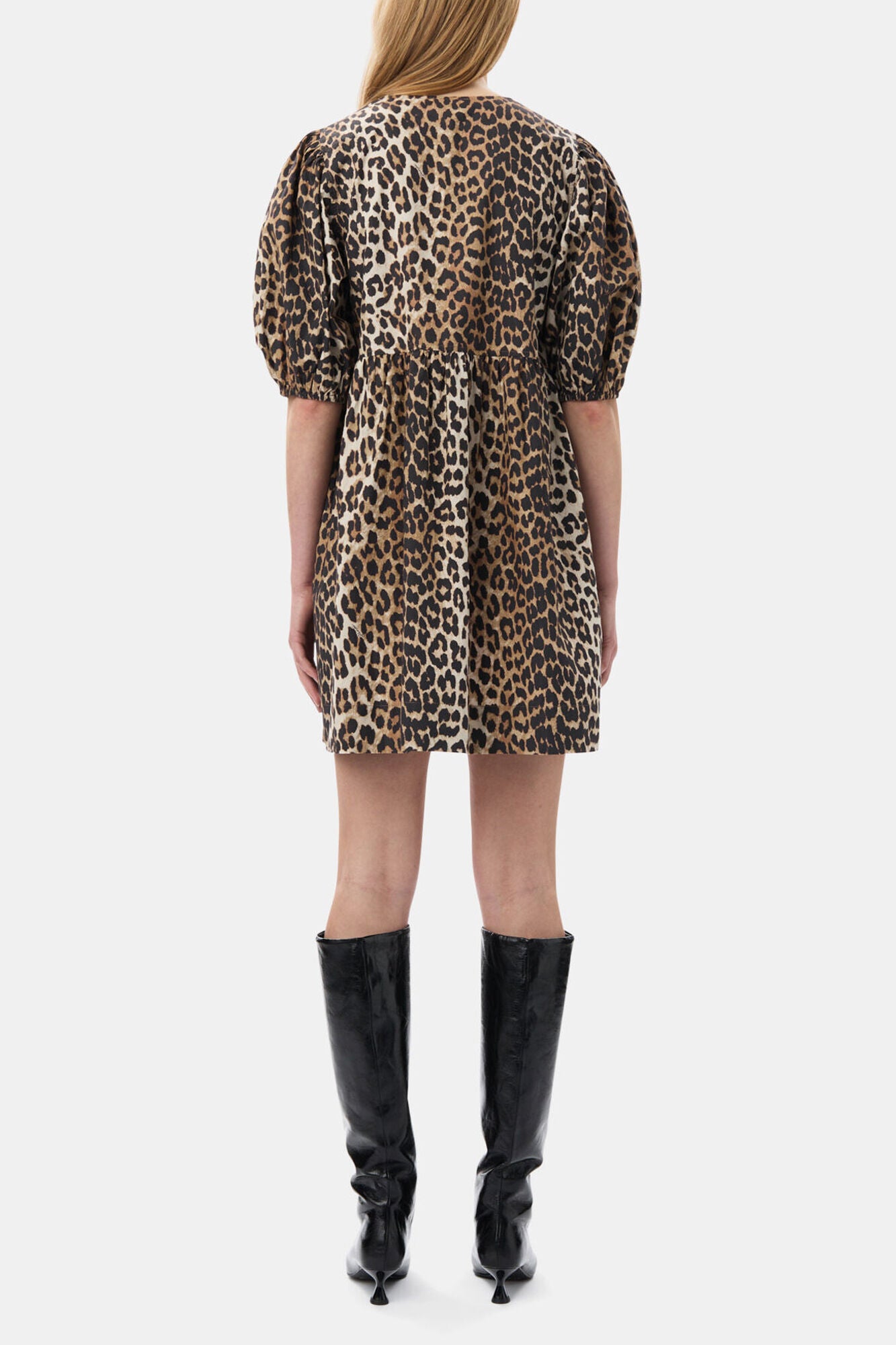 Leopard Printed Cotton Tie String Mini Dress - GANNI
