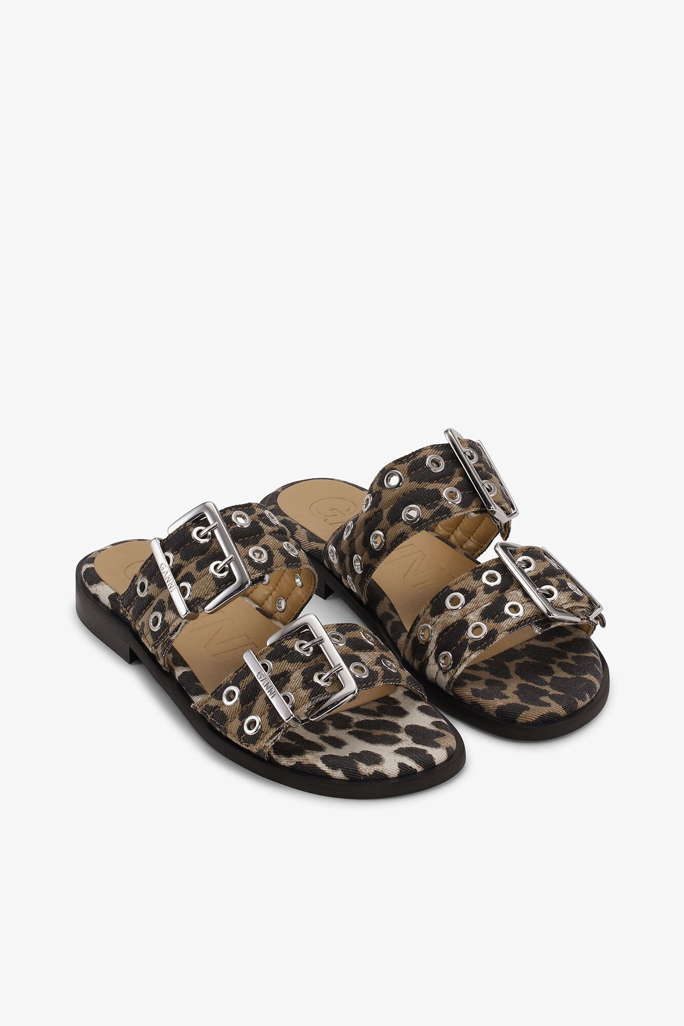 Feminine Buckle Two-Strap Sandals in Leopard Denim - GANNI