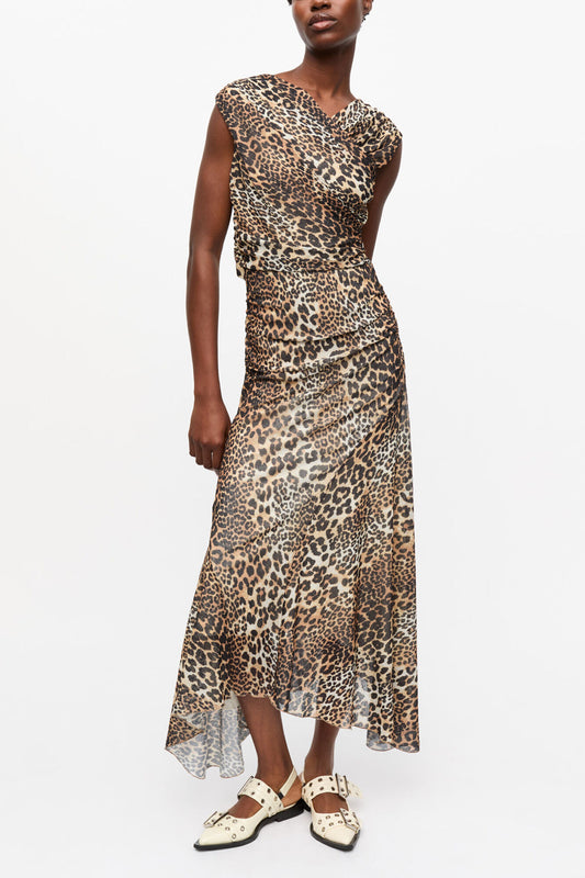 Leopard Marl Mesh Long Ruched Crossover Dress - GANNI