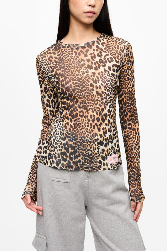 Leopard Printed Mesh Long-sleeve Blouse - GANNI