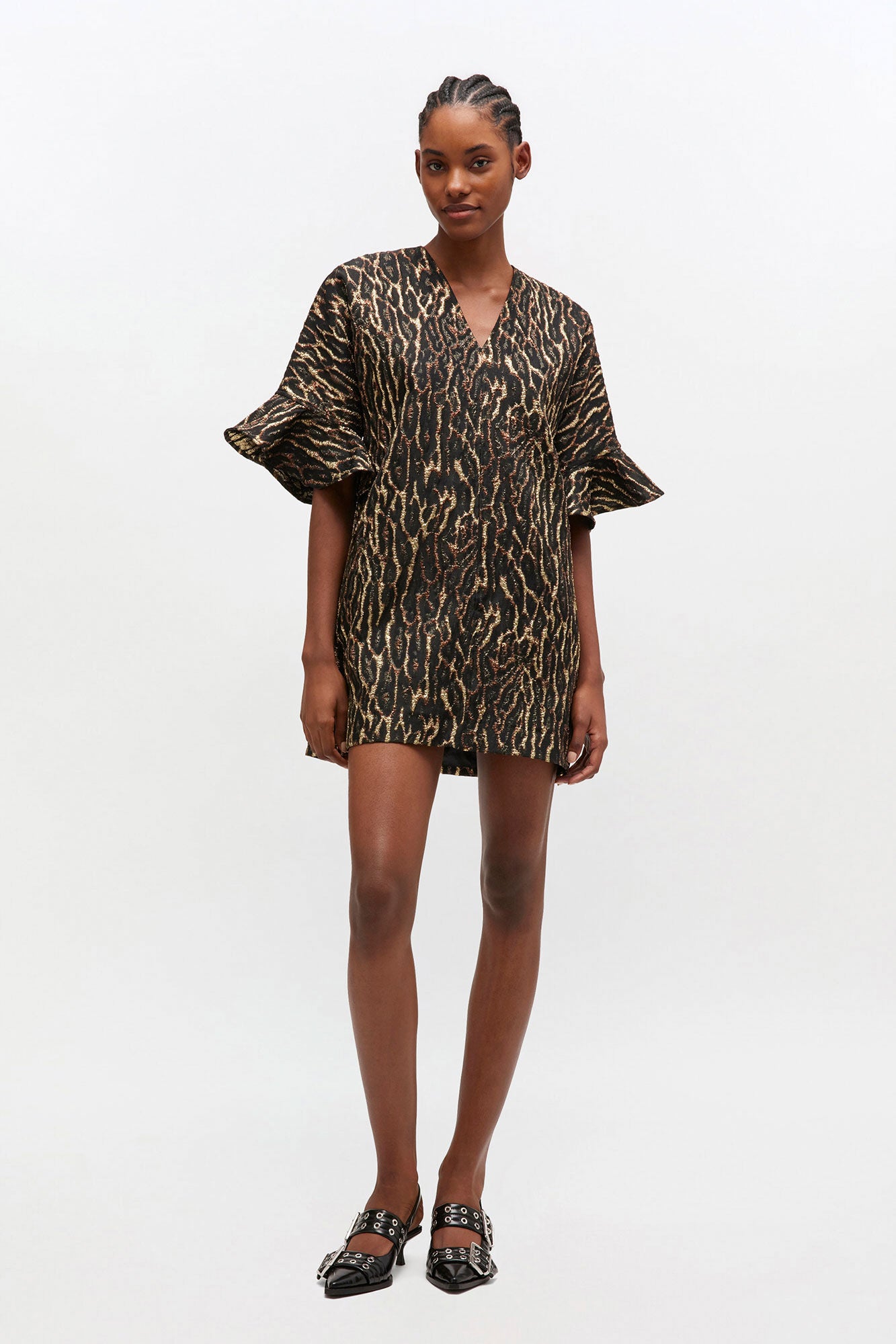 Metallic Cloque Mini Ruffle Dress - GANNI