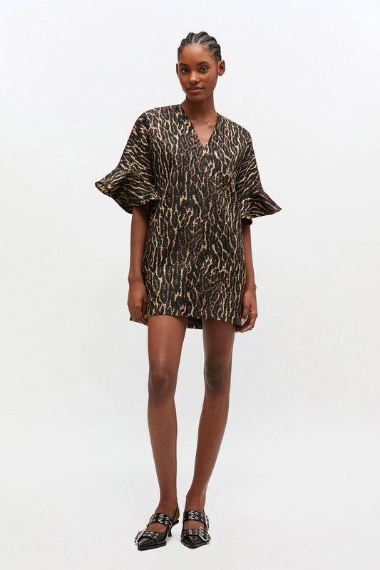 Metallic Cloque Mini Ruffle Dress - GANNI