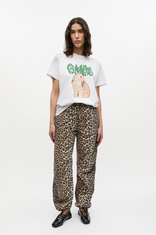 Leopard Washed Cotton Canvas Drawstring Pants - GANNI