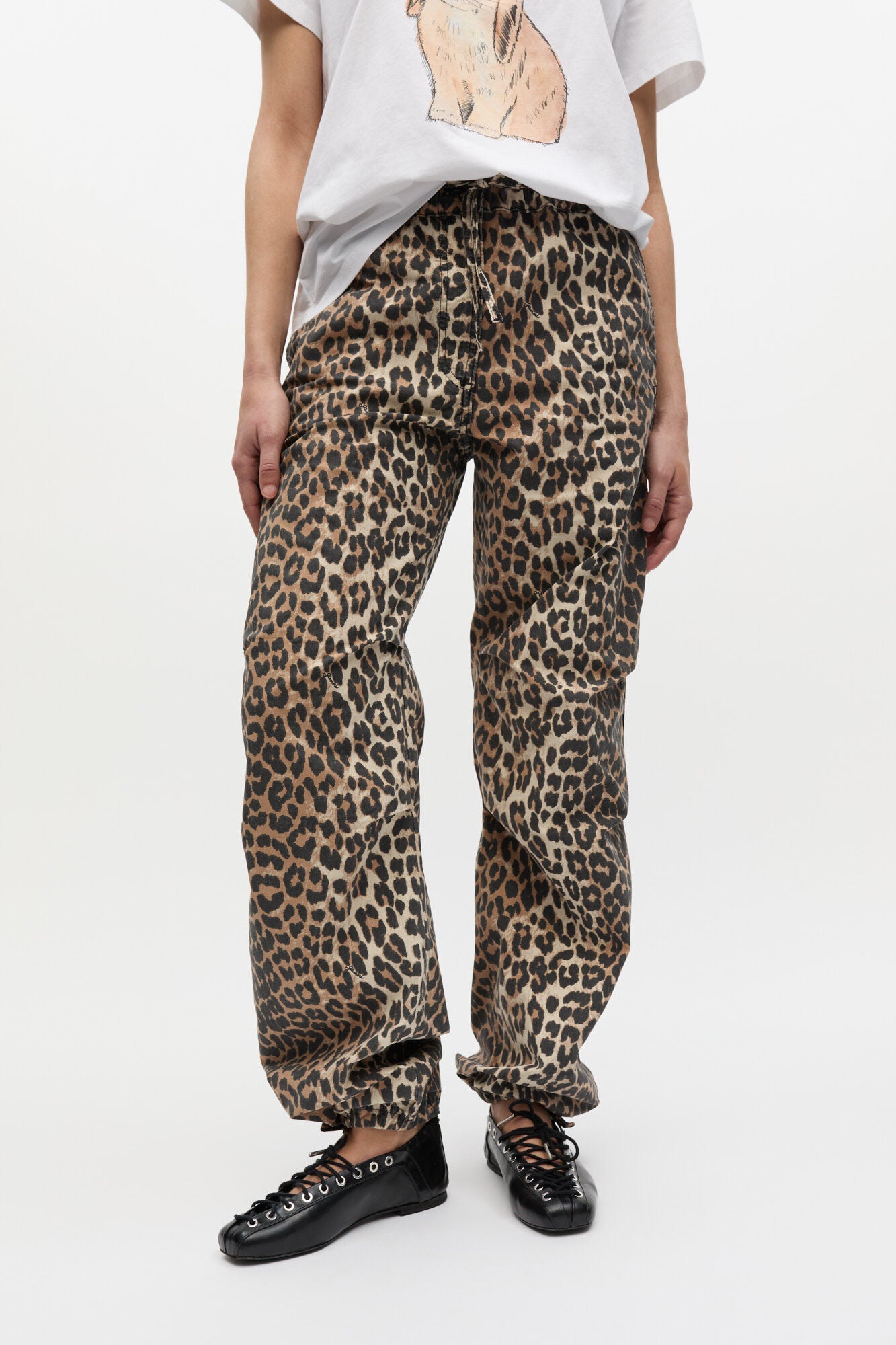 Leopard Washed Cotton Canvas Drawstring Pants - GANNI