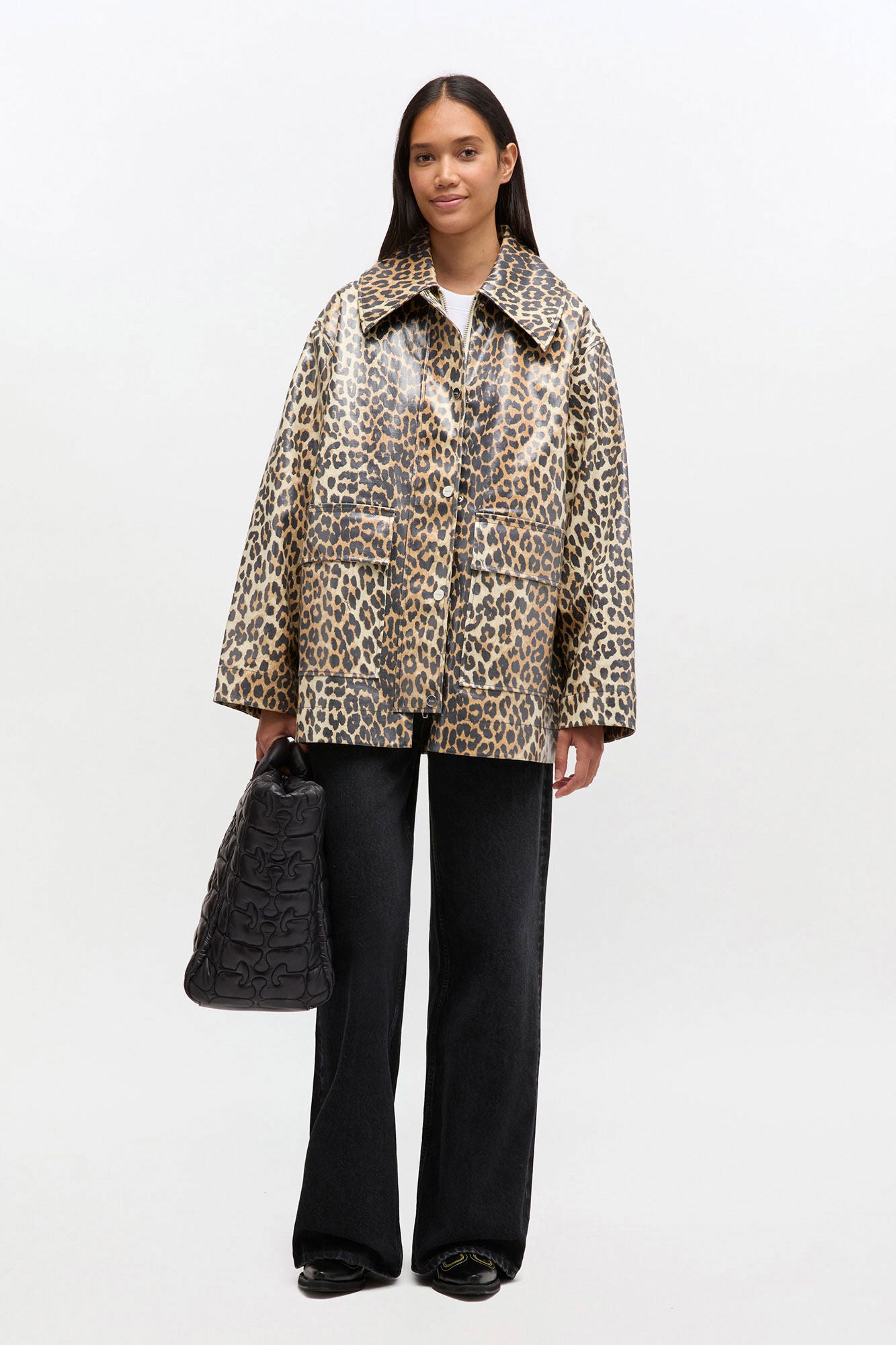 Leopard Laminated Cotton Jacket - GANNI
