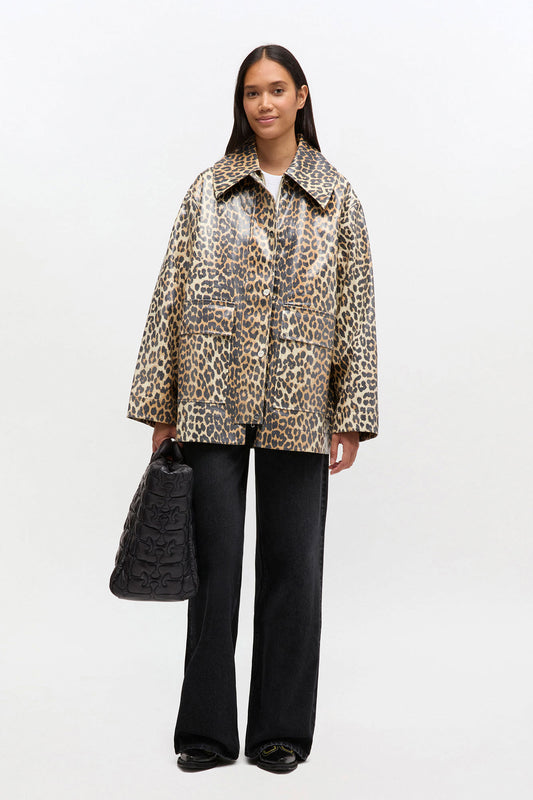 Leopard Laminated Cotton Jacket - GANNI