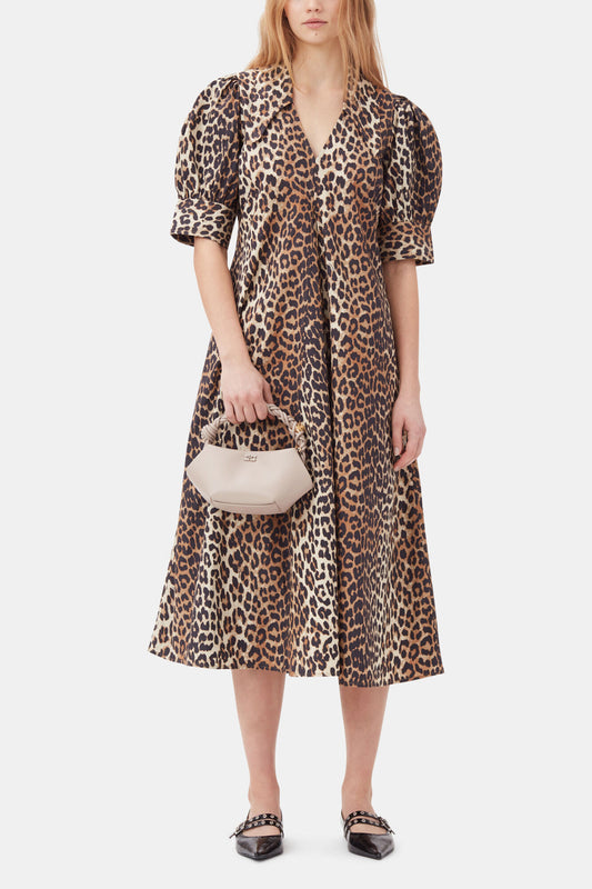 Leopard Cotton Poplin V-neck Maxi Dress - GANNI