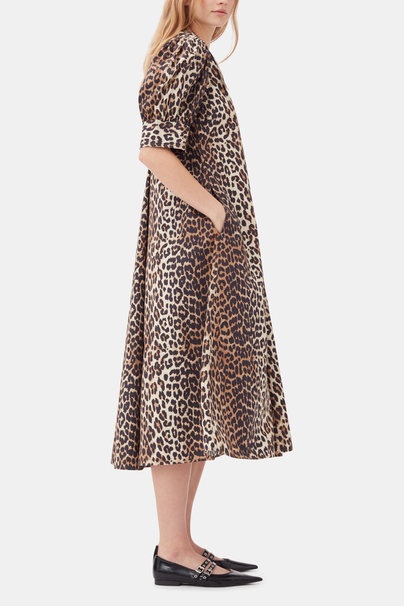Leopard Cotton Poplin V-neck Maxi Dress - GANNI