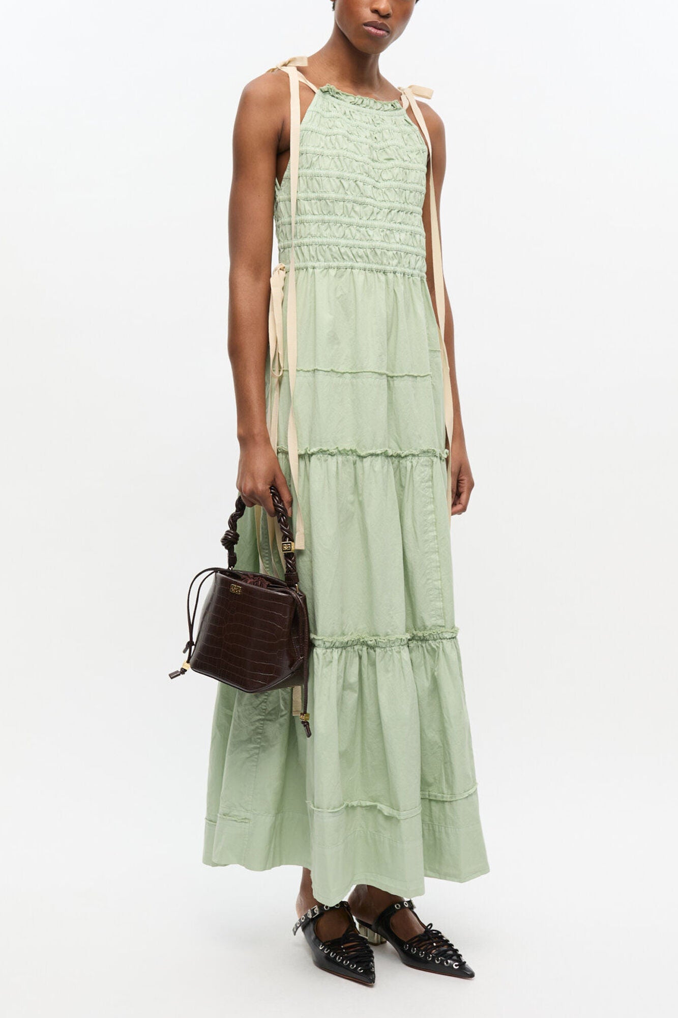 Chocolate Fondant Brown Croco Bou Bucket Bag - GANNI