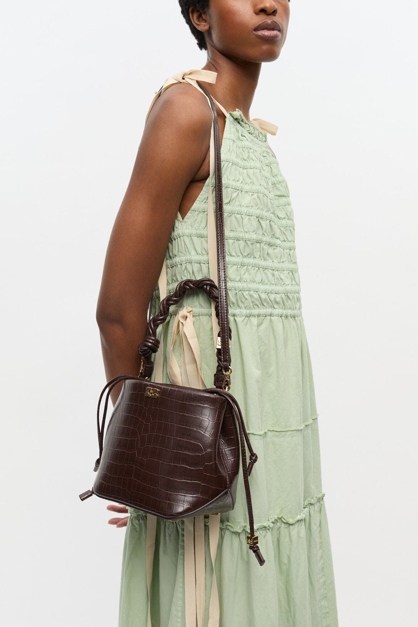 Chocolate Fondant Brown Croco Bou Bucket Bag - GANNI