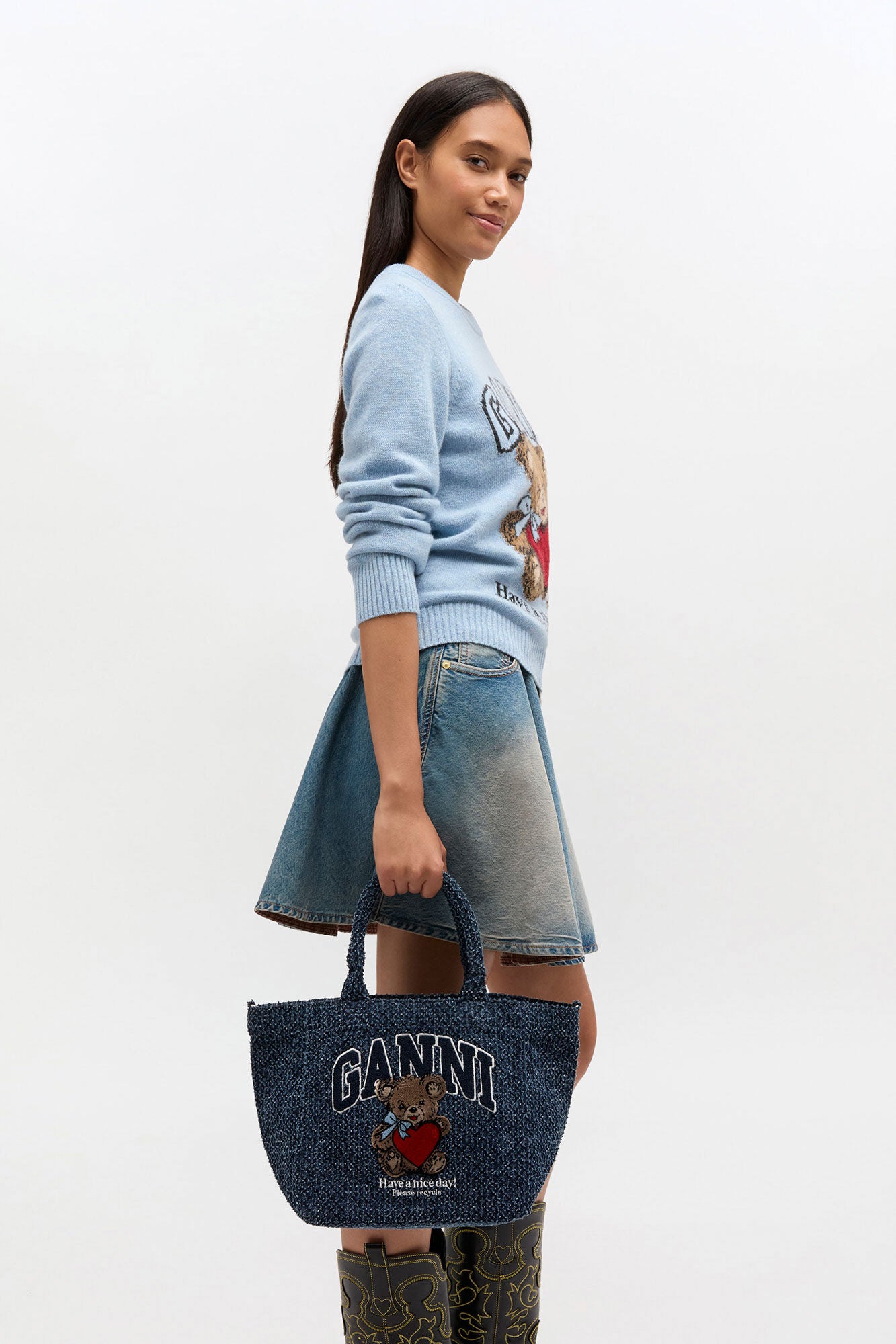 Rinse Tweed Denim Small Bear Tote - GANNI