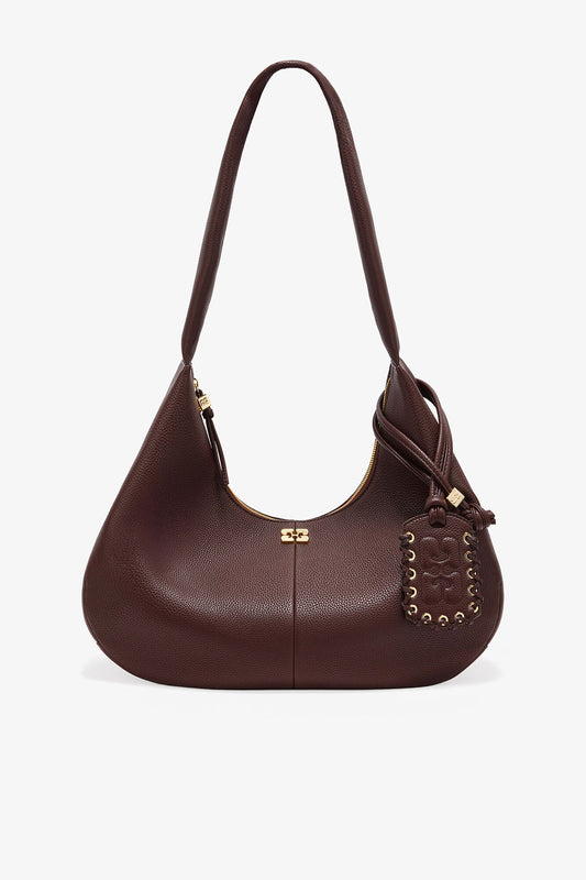 Chicory Coffee Brown Grained Medium Hobo Bag - GANNI