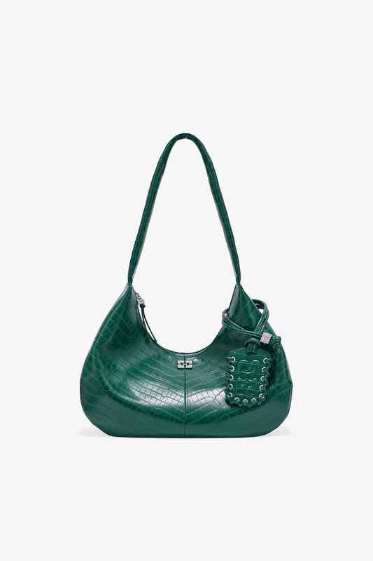Pineneedle Green Croco Medium Hobo Bag - GANNI