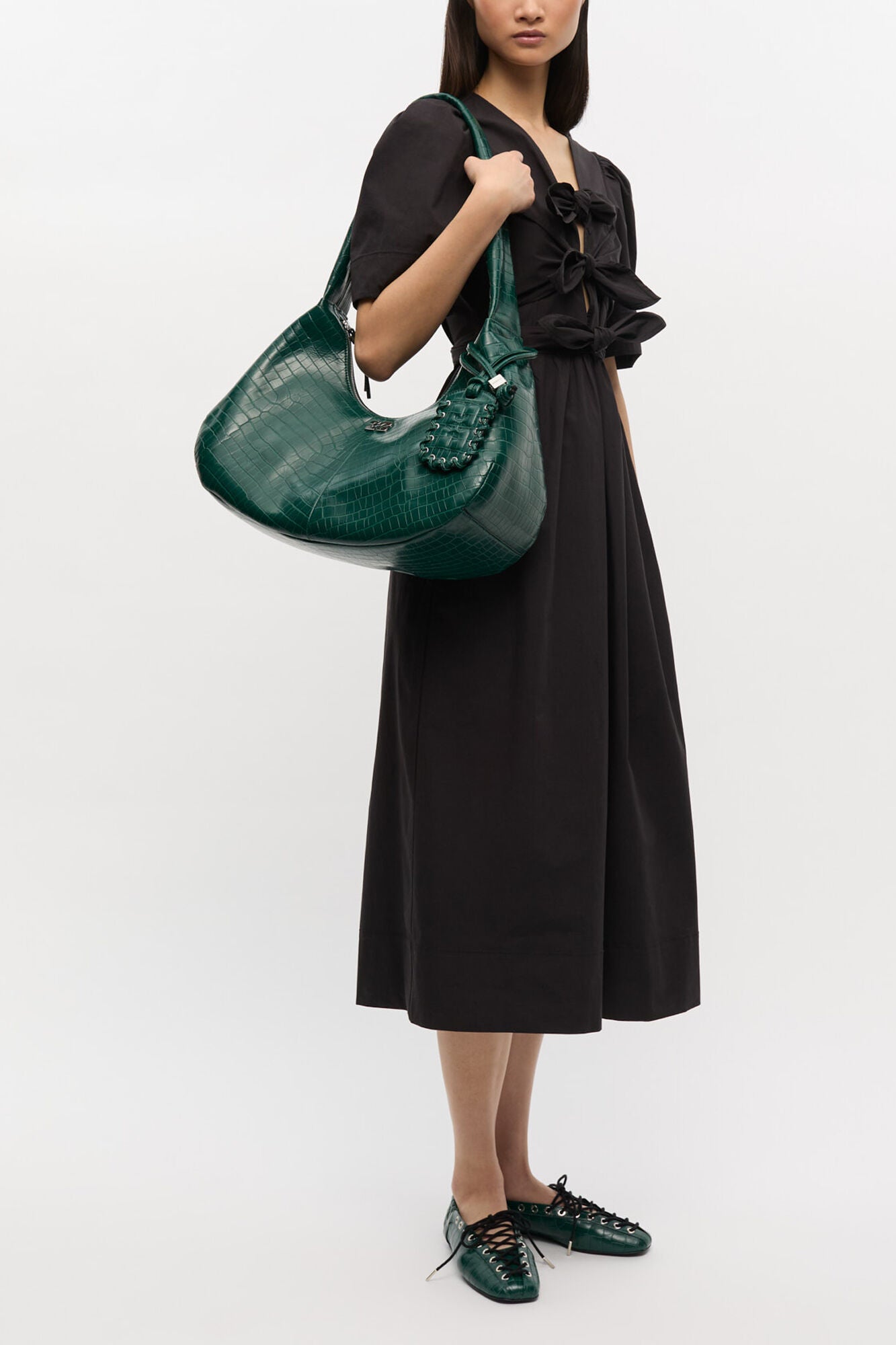 Pineneedle Green Croco Medium Hobo Bag - GANNI