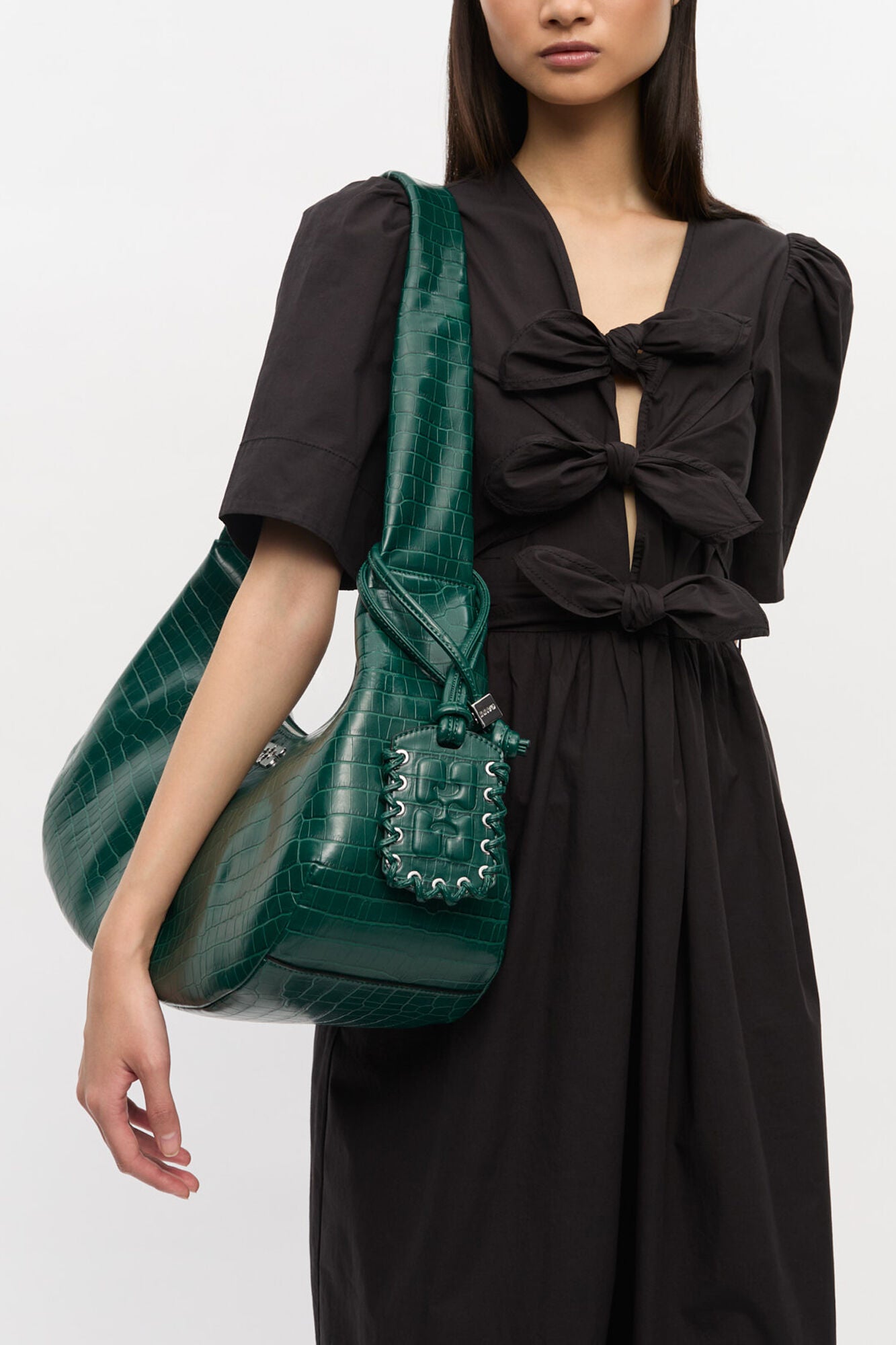 Pineneedle Green Croco Medium Hobo Bag - GANNI