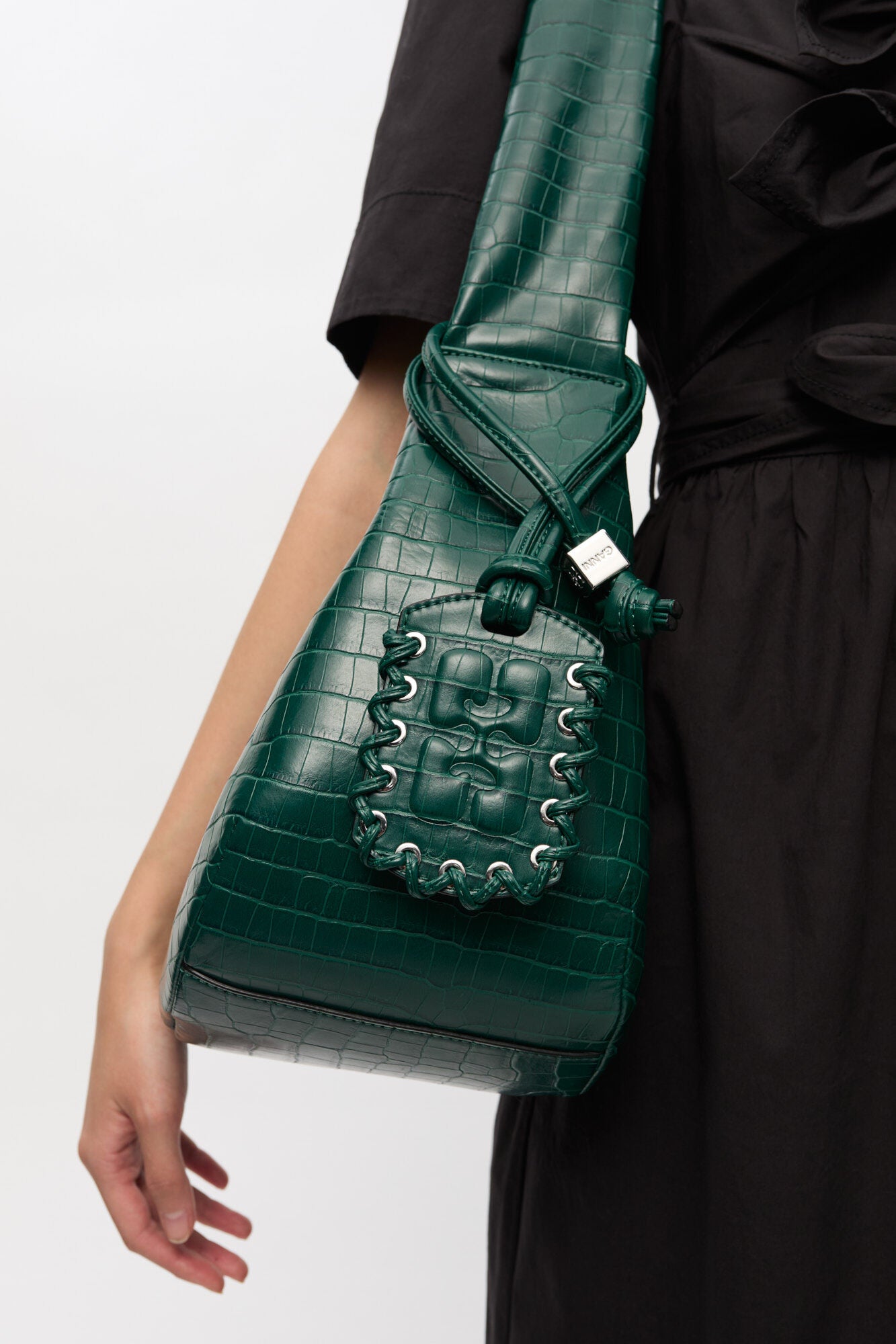 Pineneedle Green Croco Medium Hobo Bag - GANNI