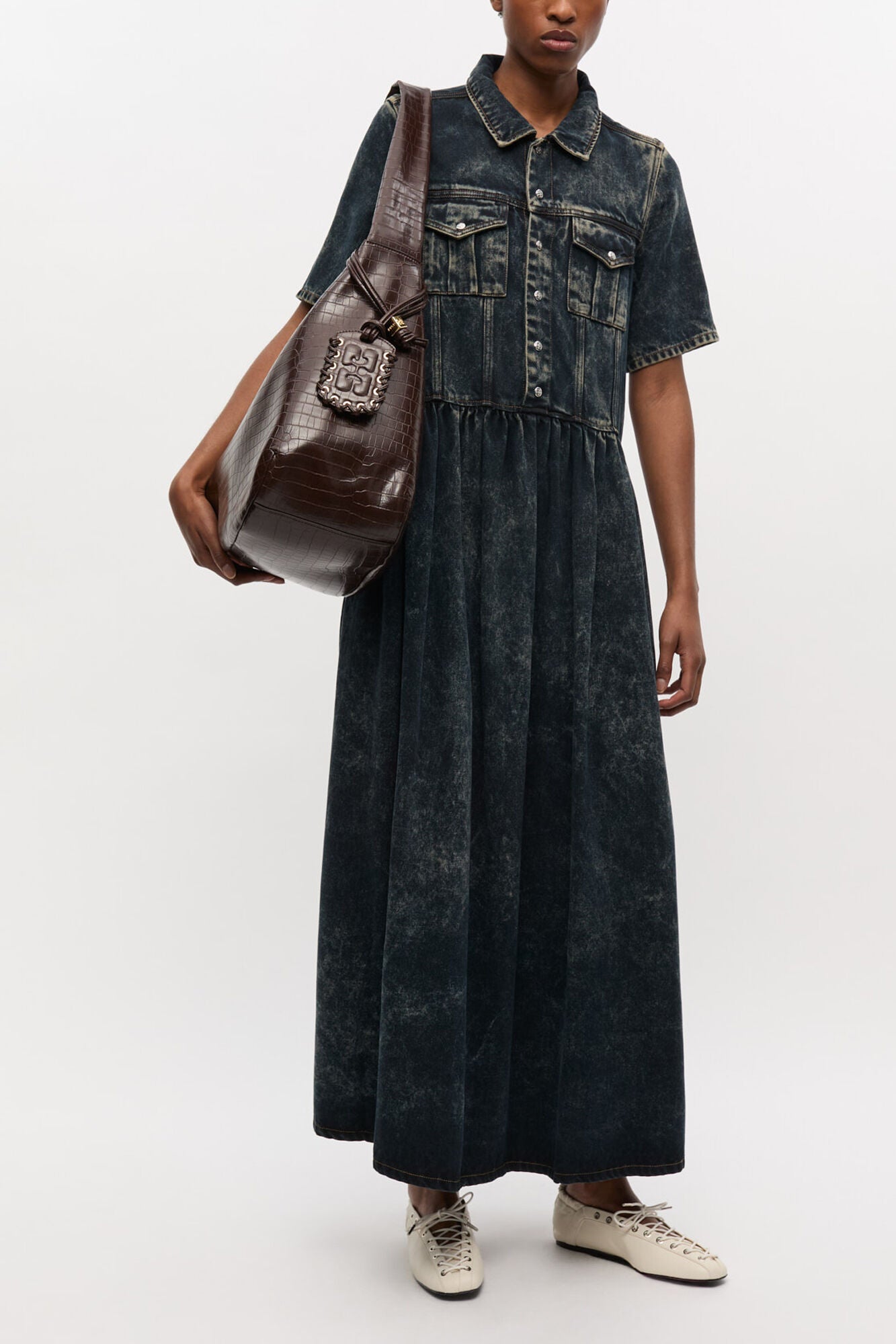 Chocolate Fondant Brown Croco XXL Hobo Bag - GANNI