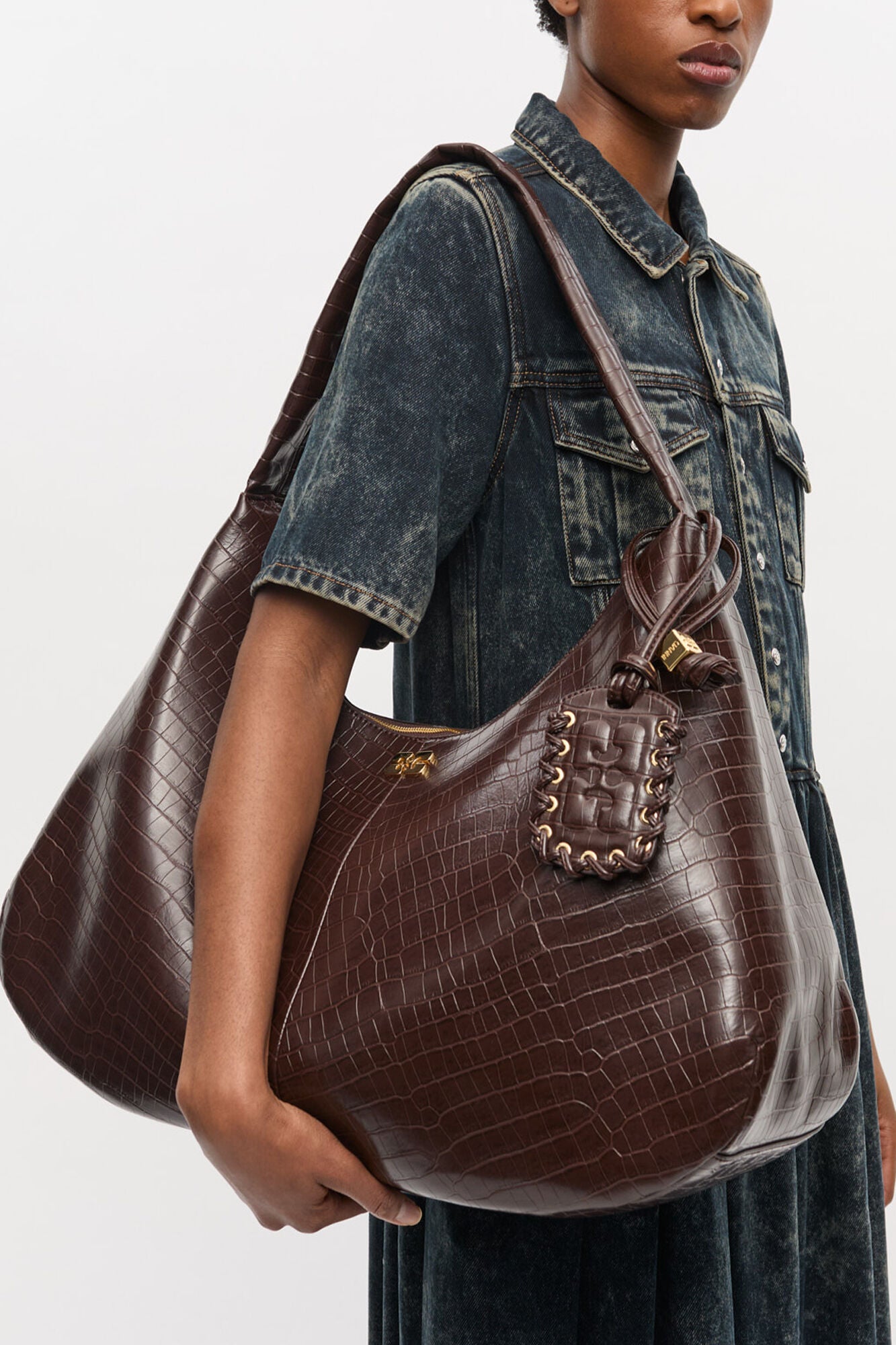 Chocolate Fondant Brown Croco XXL Hobo Bag - GANNI