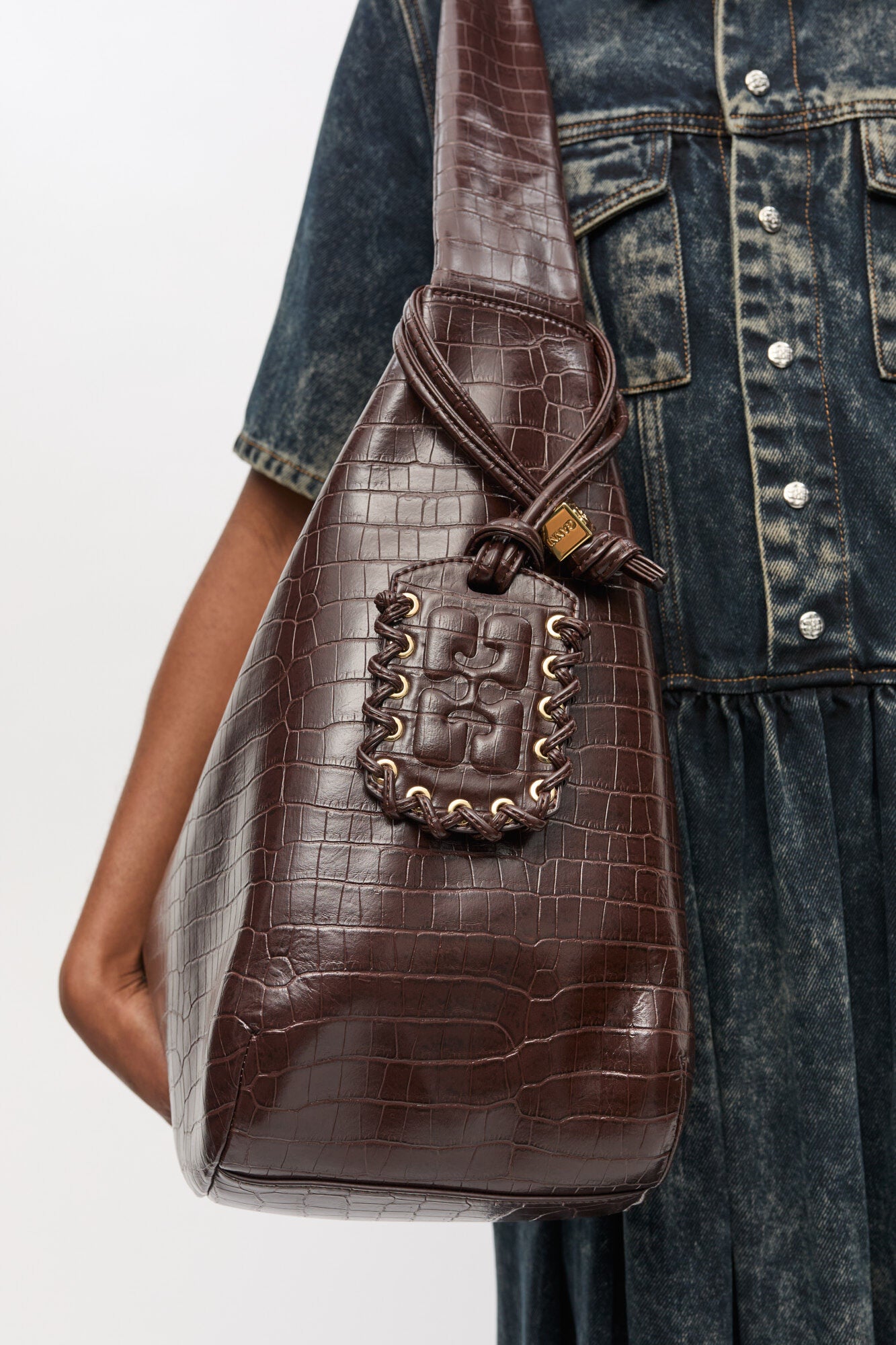 Chocolate Fondant Brown Croco XXL Hobo Bag - GANNI