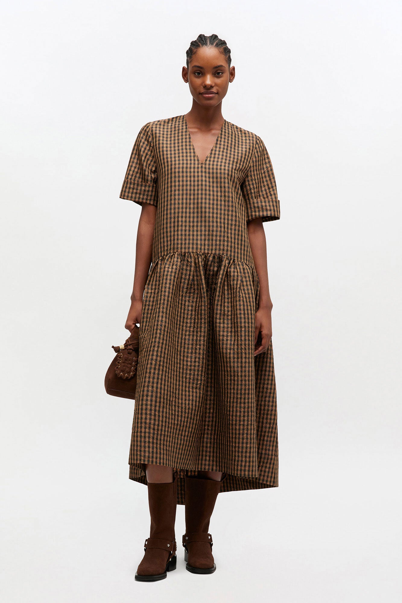 Crinkled Check Long Dress - GANNI