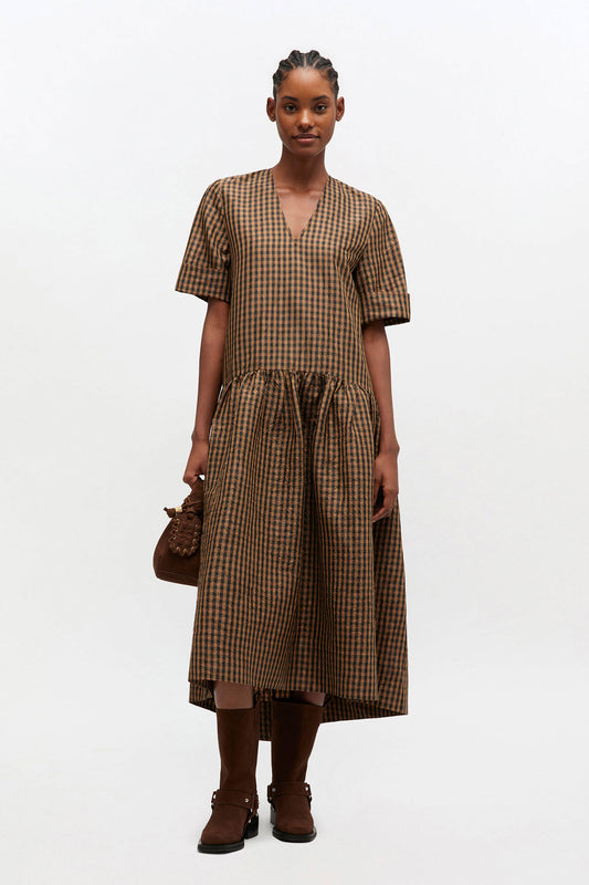 Crinkled Check Long Dress - GANNI