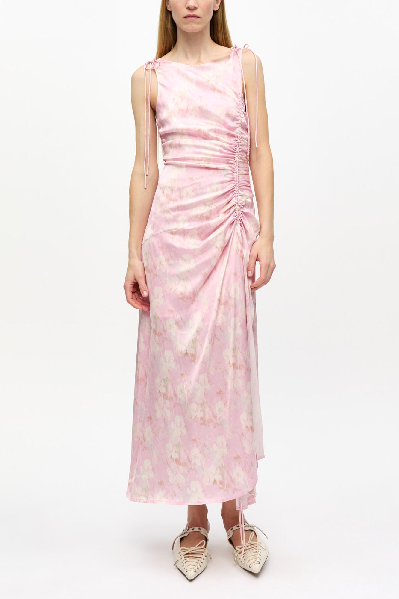 Pink Printed Satin Gathered Dress - GANNI