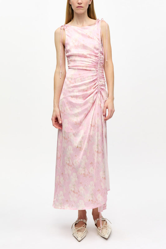 Pink Printed Satin Gathered Dress - GANNI